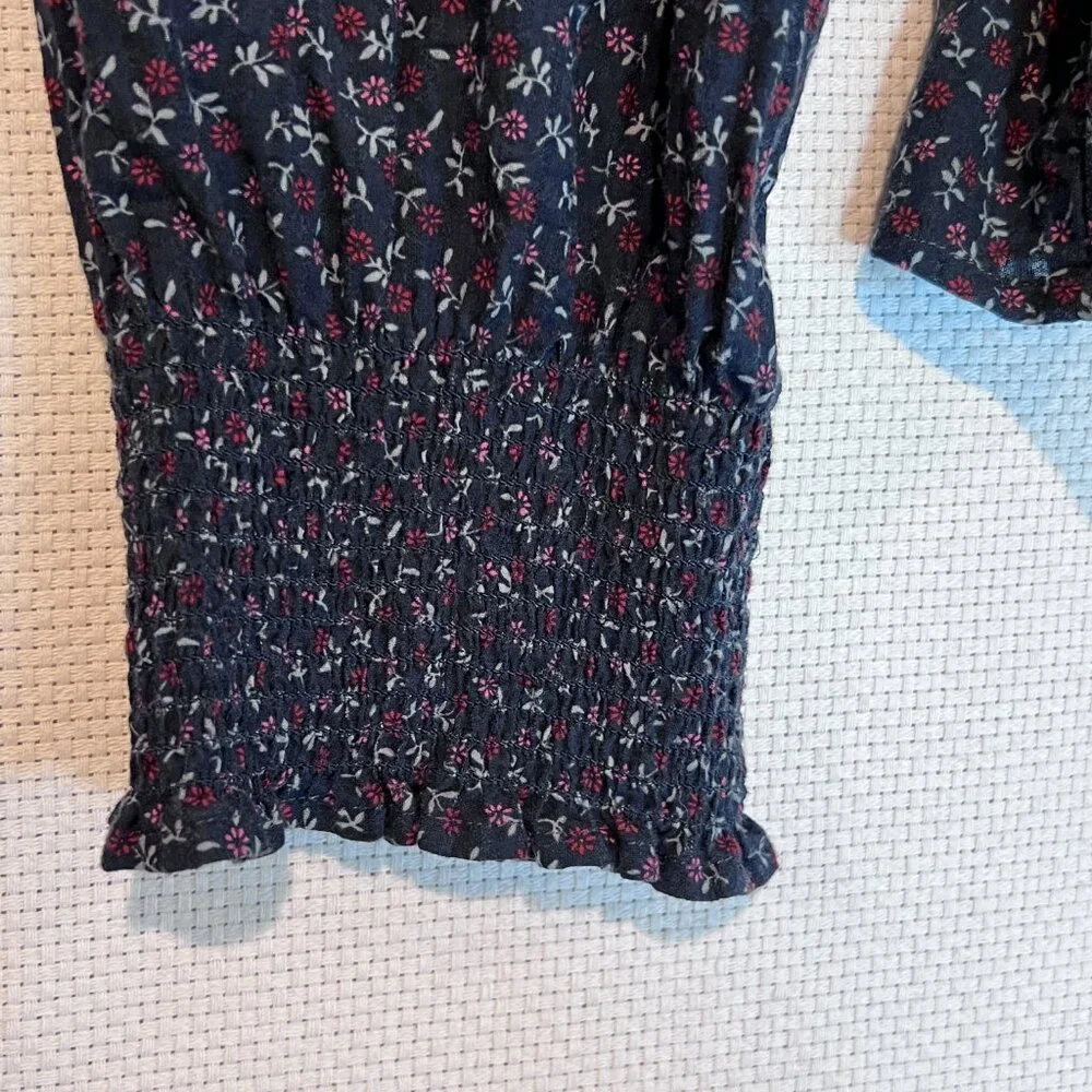Madewell Boho Floral Peasant Blouse L Smocked Waist Puff Sleeves Ditsy Print Top